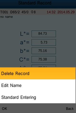 6.1.3 Naam van de opgeslagen waarde ( Record Name ) wijzigen Tijdens het bekijken van de gemeten waarden kunt u op Operate drukken, om het pop-up menu op te roepen.