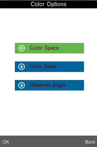 6.5 Kleuropties (Color Options) Onder het menupunt Color Options in het hoofdmenu heeft u de mogelijkheid de kleurruimte (Color Space), de kleurindex (Color Index) en de waarnemingshoek in te stellen.