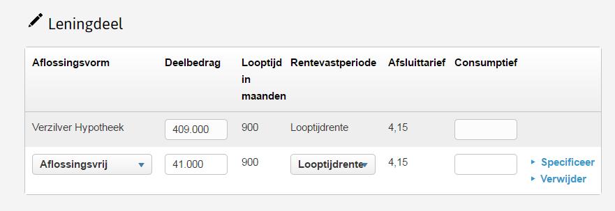 Let op: als er geen oude bestaande hypotheek wordt overgesloten dan mag geen Aflossingsvrij leningdeel toegevoegd worden en is er dus alleen een leningdeel Verzilver Hypotheek.