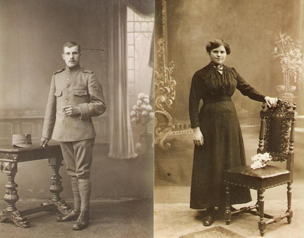 Foto s 1919. Izaak Deurloo en Jacomina van Vessem. Bronnen: Izaak Deurloo woont op het Oudeland te Tholen. Hij vervult zijn militaire dienst bij de infanterie en is gelegerd te Middelburg.