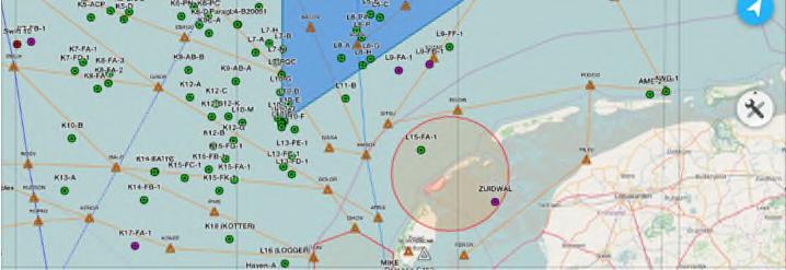 ten noorden van het Friese Front). De oranje driehoekjes zijn reporting-points voor de verkeersleiding, zodat bekend is waar op de route de helikopters zich bevinden (Bron: Wintershall Noordzee). 2.