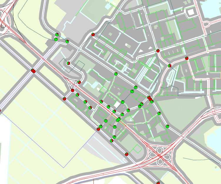 6 zijn de I/Cverhoudingen weergegeven voor de avondspits voor de situatie met en zonder plan. Des te roder het bolletje op het kruispunt, des te minder restruimte er op het betreffende kruispunt is 8.