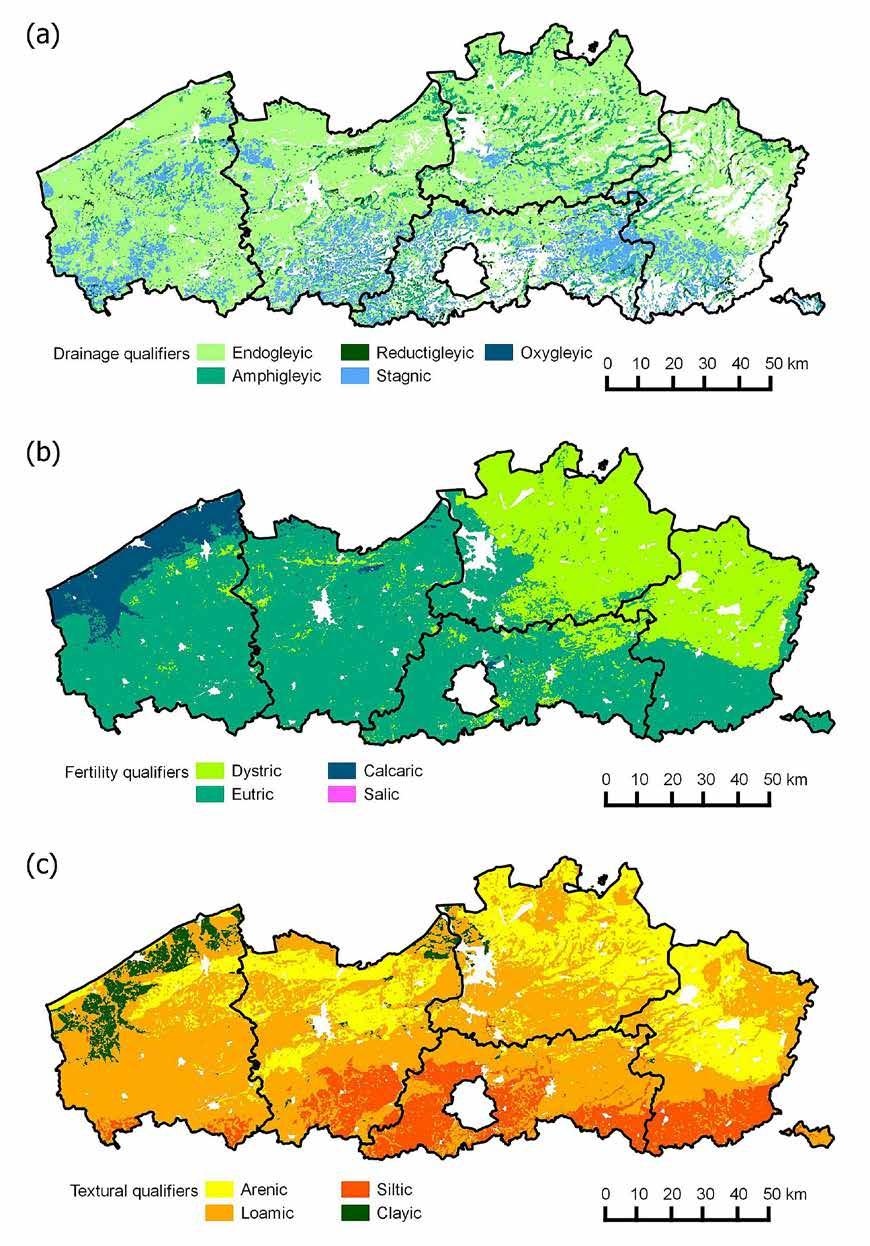 Figuur 3 Bodemqualifiers voor (a) drainering, (b) chemische vruchtbaarheid en (c) textuur van het Vlaamse