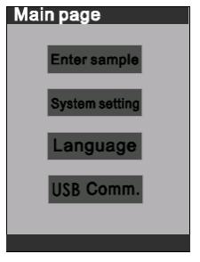 6.5 Meetwaarde invoer Enter sampling: Steekproef controle van het apparaat System setting: Dient ter classificatie van de systeemfuncties Language: Dient ter taalselectie tussen Chinees en Engels USB
