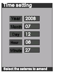 7.2 Tijdinstellingen / Formatering (Time setting) Selecteer year/month/day/hour/minute in de Time setting, om de tijdsinstellingen voor te nemen. Bevestig uw wijzigingen met Enter.