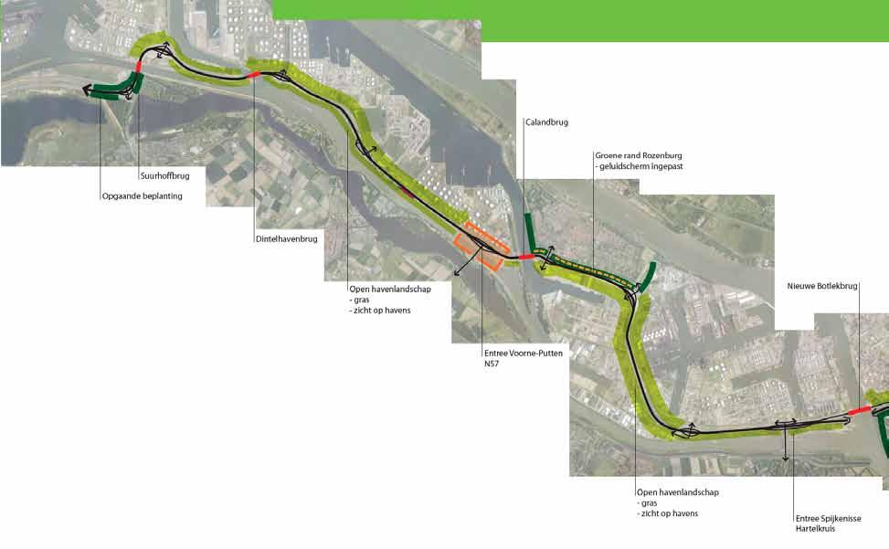 Inpassingsvisie A15 De voorstellen voor de Inpassing verbreding A15 Maasvlakte-Vaanplein uit 2008 laten de visie op de landschappelijke vormgeving van dit wegtraject zien: een open havenlandschap met