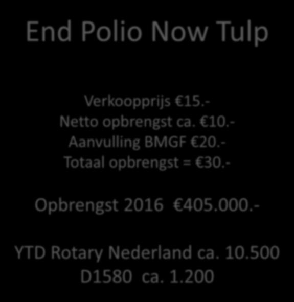 End Polio Now Tulp Verkoopprijs 15.- Netto opbrengst ca. 10.- Aanvulling BMGF 20.