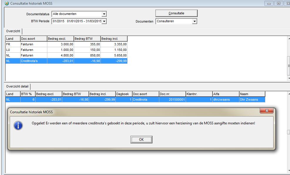 Verwerking van een creditnota. Bij de afdruk van de historiek zal een waarschuwende melding getoond worden indien er creditnota s voorkomen in de gevraagde periode.