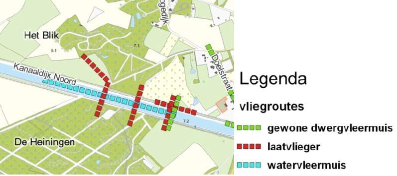 De oostelijke vliegroute (zie figuur 3.2) loopt niet langs de bosrand maar volgt de beplanting langs het kanaal.