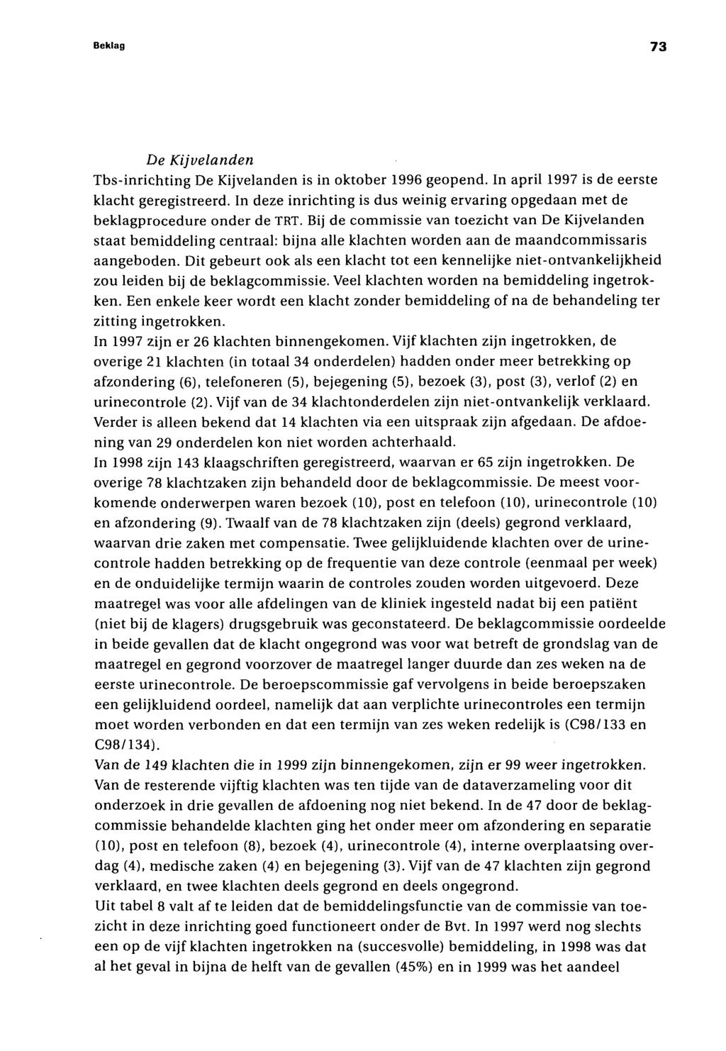 Beklag 73 De Kijvelanden Tbs-inrichting De Kijvelanden is in oktober 1996 geopend. In april 1997 is de eerste klacht geregistreerd.