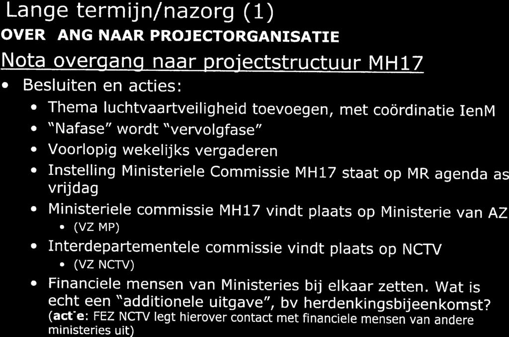 Lange termijn/nazorg (1) OVERGANG NAAR PROJECTORGANISATIE Nota overgang naar projectstructuur MH17 Besluiten en acties: Thema luchtvaartveiligheid toevoegen,