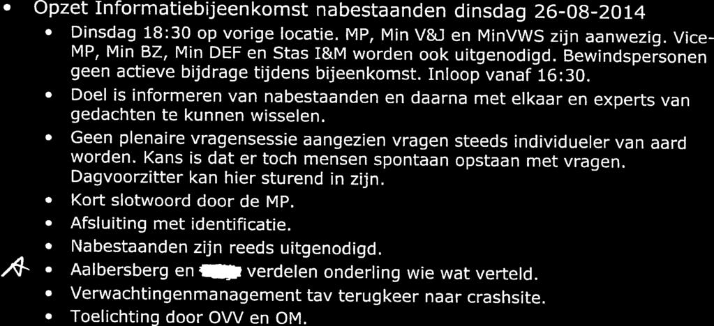 Nazorg 1 lange termijn Opzet Informatiebijeenkomst nabestaanden dinsdag 26-08-2014 Dinsdag 18:30 op vorige locatie. MP, Min V8J en MinVWS zijn aanwezig.