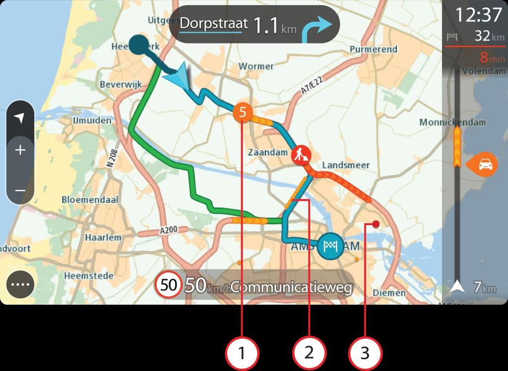 De verkeerssituatie bekijken op de kaart Verkeersincidenten worden op de kaart getoond. Als meerdere verkeersincidenten elkaar overlappen, wordt het incident met de hoogste prioriteit getoond.