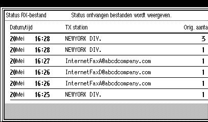 Informatie m.b.t. de communicatie Het ontvangstresultaat controleren (status RX-bestand) 3 U kunt via het display een gedeelte van het journaal bekijken.