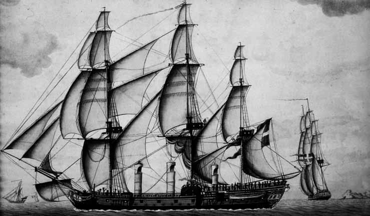 DEEL 2 Het slavenschip Een schilderij uit 1785 van de opvolger van de Fredensborg; een schip met dezelfde naam en afmetingen.