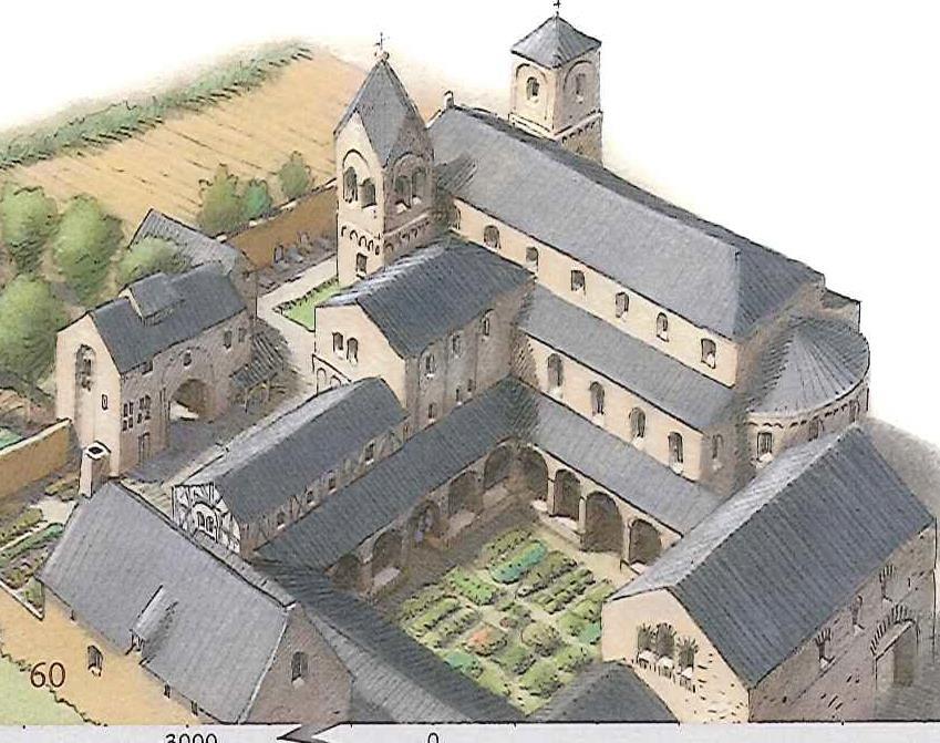 Les 3: Het Kloosterleven Een klooster van dichtbij Alle kloosters leken op elkaar. Ze hadden dikke muren en weinig ramen. Buiten het klooster lagen de stallen en akkers.