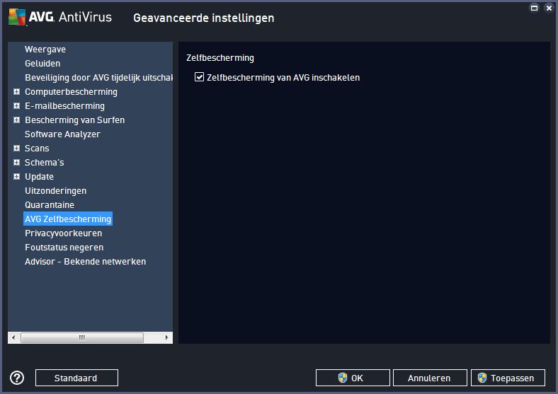 7.13. AVG Zelfbescherming Met AVG Zelfbescherming kan AVG AntiVirus voorkomen dat de eigen processen, bestanden, registersleutels en stuurprogramma's worden gewijzigd of gedeactiveerd.