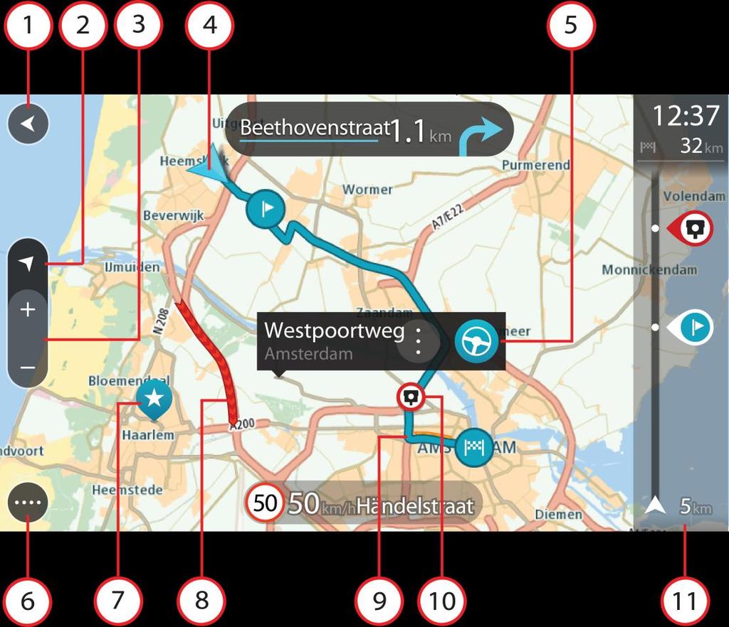 Als je een route hebt gepland, wordt de volledige route op de kaart weergegeven. Je kunt direct vanaf de kaart tussenstops toevoegen aan je route.