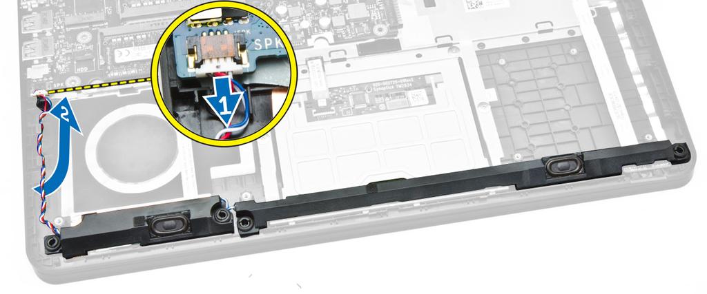 e. WLAN-kaart f. harde schijf g. batterij h. onderplaat 8. Volg de procedures in nadat u werkzaamheden aan de binnenkant van uw computer heeft verricht. De luidsprekers verwijderen 1.