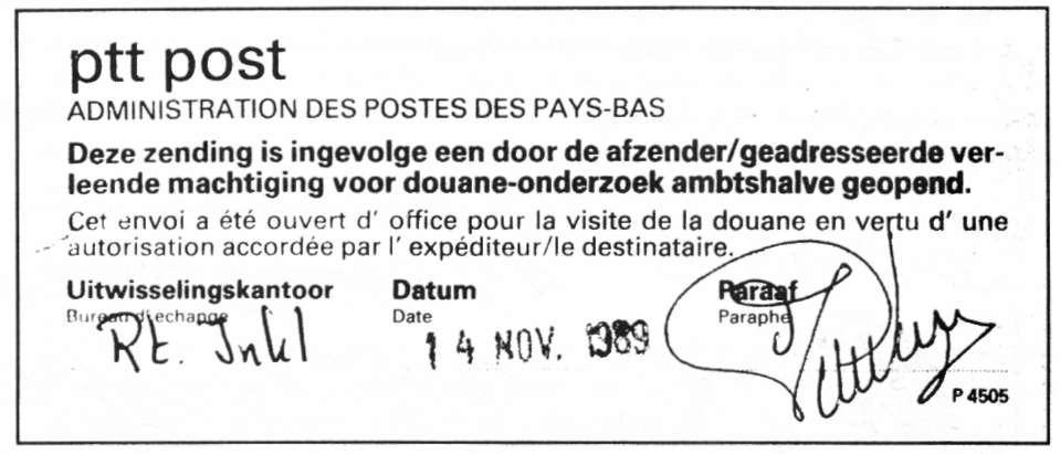 afb 7 Geopende brief uit België gesloten met etiket P4505 De laatste regel van dit formulier van afbeelding 8 behelst de toestemming: De ondertekening van dit formulier houdt tevens toestemming in,