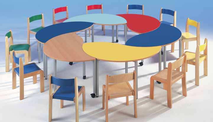 Als alternatief op de Woody tafels is er de STEELY tafel met golfvormig tafelblad met een onderstel uitgevoerd in 40 mm diameter stalen ronde poten.