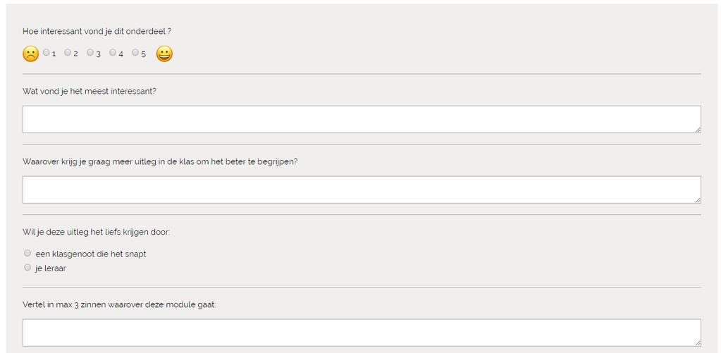 Zelfevaluatie en feedback van leerlingen Na iedere module krijgen leerlingen de gelegenheid om feedback op te sturen naar hun leerkracht over hoe interessant ze de