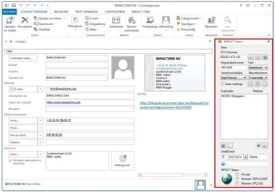 1) Extra gegevens: Via de IMPACTXRM Status -balk kunt u nog enkele extra gegevens aanvullen. a. Btw Nummer U kunt het btw-nummer van het bedrijf opzoeken en aanvullen.