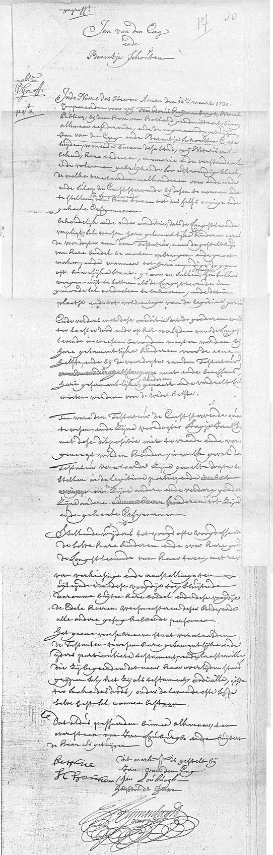 Testament Jan Cornelisz van den Engh (1680) x Barentje Schouten (1670) 12-03-1730 G.A. Alkmaar Inv. No. 452, fol.17 gegrofft Jan van den Eng ende Barentje Schouten Inabse J.D.