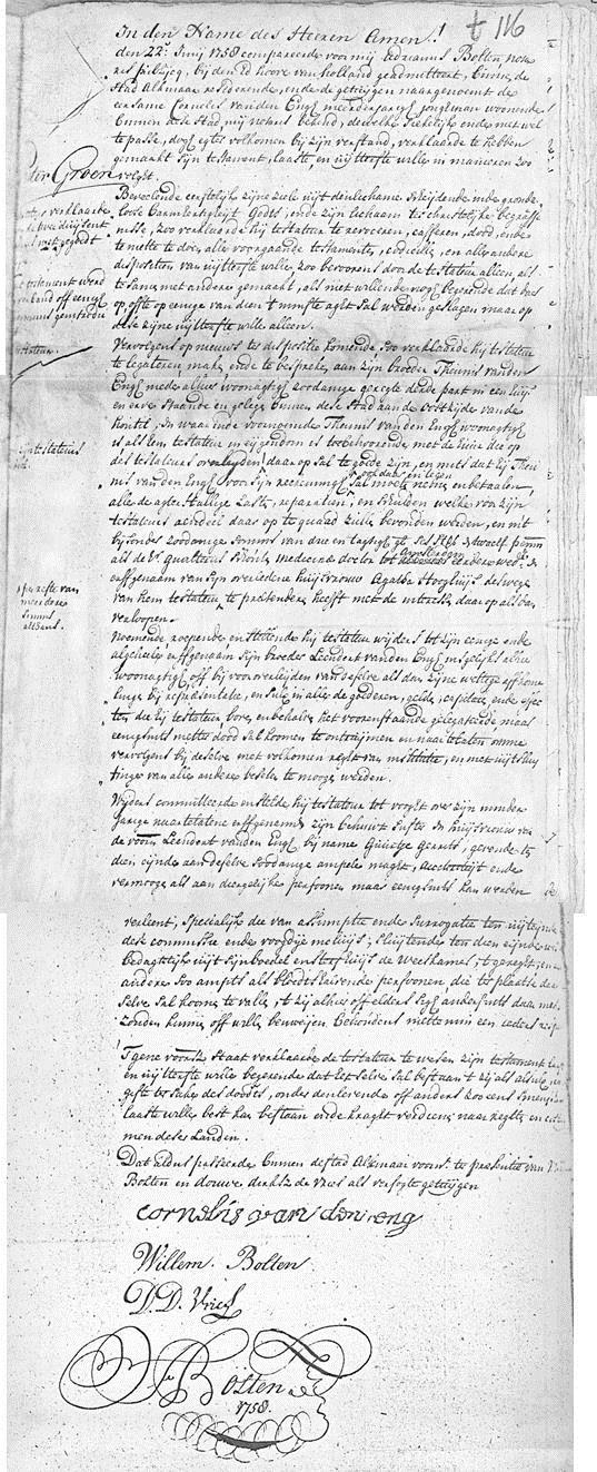Testament Cornelis Jansz van den Eng (1712), 22-06-1758 Gemeentearchief Alkmaar - Inv. No. 576, fol. 116. Testament van Cornelis van den Eng ('ziekelijk van lichaam'). Geen echtgenote vermeld.