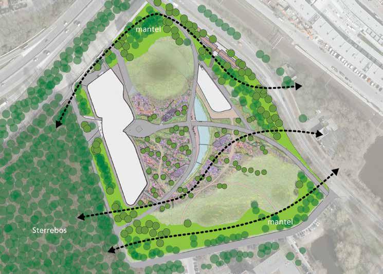 De groene mantel functioneert als uitloper van het Sterrebos en legt ruimtelijk en ecologisch een verbinding met het parkbos.