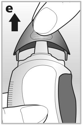 2. Verwijder het beschermkapje door ferm met duim en wijsvinger in het beschermkapje te knijpen - zie afbeelding e. 3. Houd de neusspray rechtop, kantel deze en houd dan het tuitje van u af. 4.