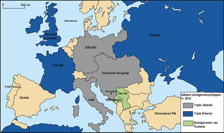 DE DUITSE INVAL In 1914 ontstond een conflict tussen Oostenrijk-Hongarije en Servië. Duitsland steunde Oostenrijk. Rusland en Frankrijk steunden Servië.