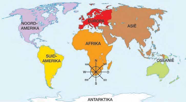 5. Gebruik die agt kompaspunte op n wêreldkaart Ons kan die agt kompaspunte gebruik om rigtings vanaf Suid-Afrika na ander plekke in die wêreld aan te gee.