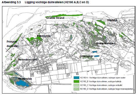 Berkenplas, de Kooiplas, een afvoerloze laagte in de Kooiduinen en in het plasje in de eendenkooi zelf. Zie ook Figuur 5.18. Figuur 5.18. Ligging vochtige duinvalleien op Schiermonnikoog (H2190A, B, C en D).
