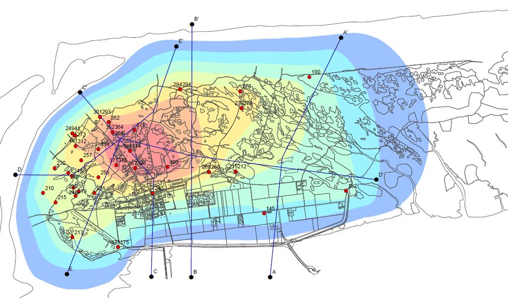 Figuur 3.10. Overzicht van de gemiddelde grondwaterstanden tijdens een natte winter. (Uit: Rus e.a., 2011). Vanaf de bovenkant van de zoetwaterbel stroomt het grondwater naar opzij in alle richtingen.