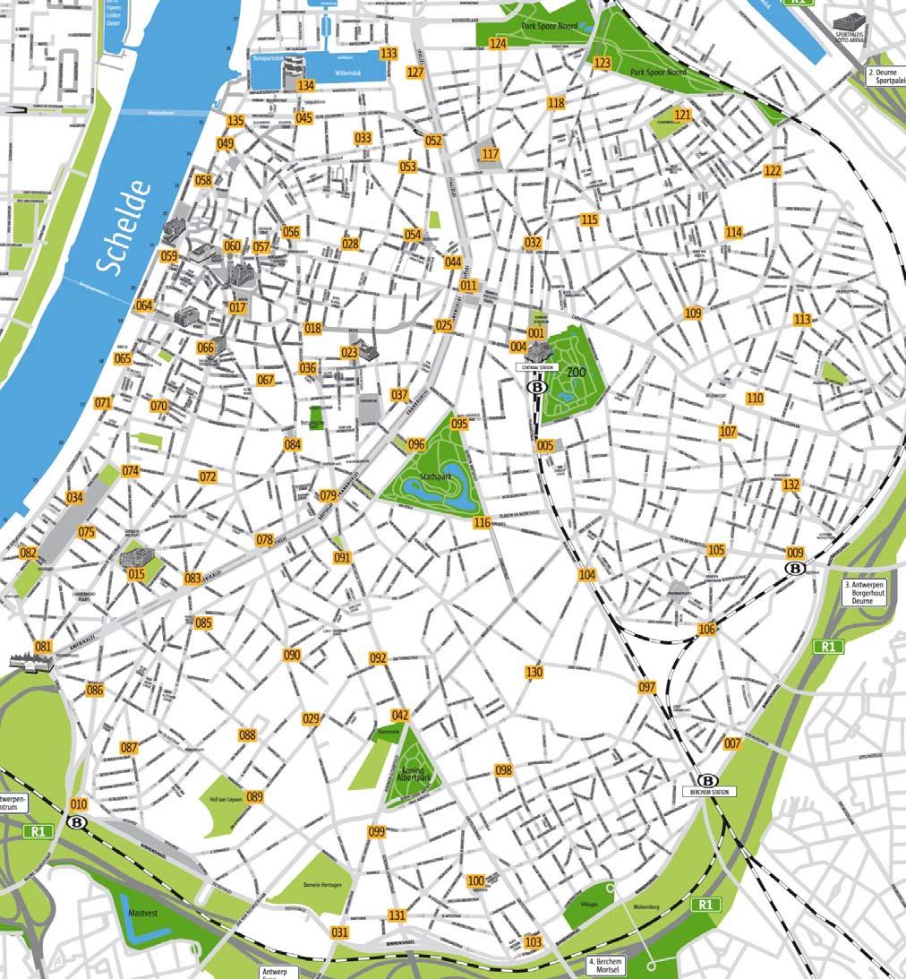 station en de Ossenmarkt. Dit plein ligt centraal in de Antwerpse studentenbuurt. De blauwe pijlen duiden de routes aan die het tweede, derde en vierde meeste worden afgelegd.