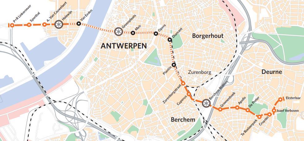 3 Tramnet 2012 In het voorafgaand onderzoek werd vastgesteld dat de corridors Berchem-station en Merksem met de bestaande infrastructuur kansen bieden om het stedelijk tramnet gevoelig te verbeteren.