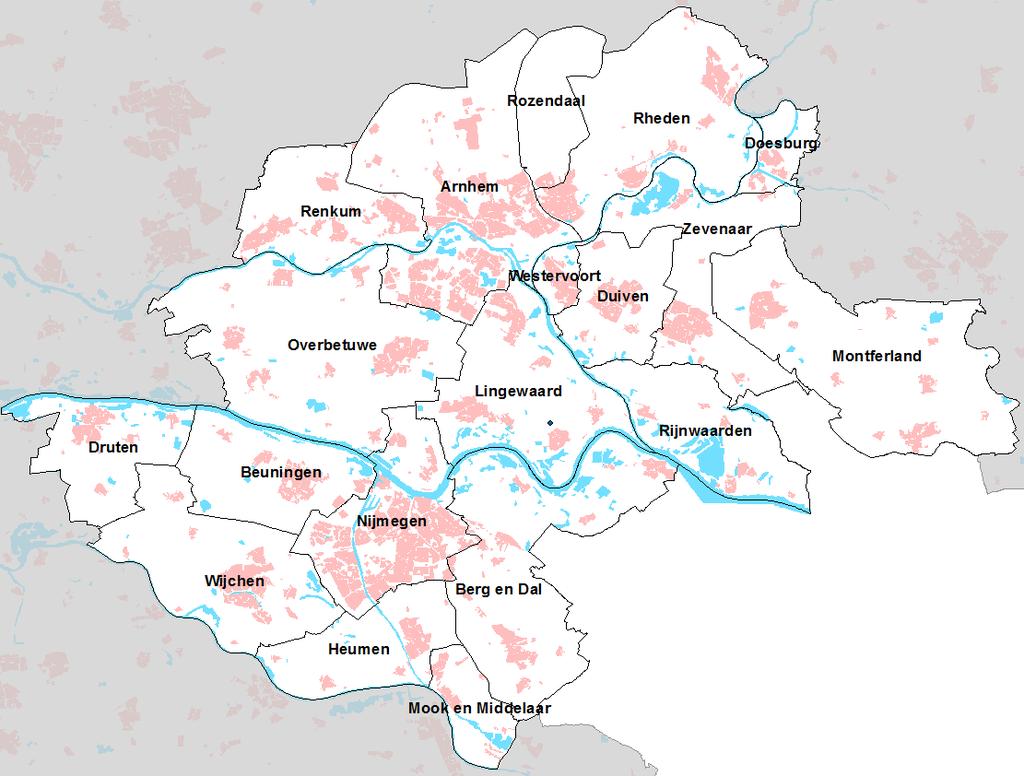 2.4 Studiegebied en deelregio's De berekeningen zijn gebaseerd op de regio Arnhem-Nijmegen: de gelijknamige COROP-regio plus de gemeenten Mook en Middelaar en Montferland, in totaal 19 gemeenten