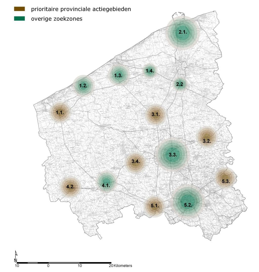 Zoekzones voor windturbineparken Kustband 1.1. Omgeving stedelijk gebied Veurne 1.2. Nieuwpoort-Middelkerke 1.3. Gistel 1.4. Verkeersknooppunt Jabbeke Brugse band 2.1. Havengebied Zeebrugge 2.2. Verkeersknooppunt E40-A17 Oostkamp Nieuw landschap Roeselare-Tielt 3.