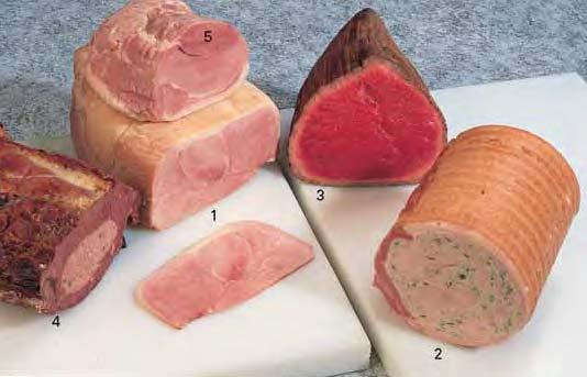 Gekookte vleeswaren 1. Achterham 2. Kalkoenham 3. Rosbief 4. Runderrollade 5. Schouderham Gekookte vleeswaren 1. Achterham/Jambon de qualité supérieure Hoofdbestanddeel: Achterham van magere varkens.