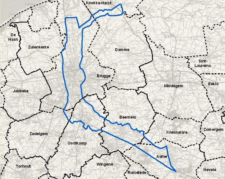 Figuur 7: Perimeter inrichtingsproject landinrichting Mobiliteitsas Gent-Brugge-Zeebrugge De drie parallel lopende mobiliteitsassen via het water, de weg of het spoor (het kanaal