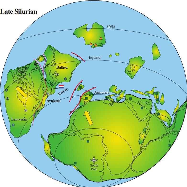 Siluur Zo n 20 miljoen jaar later, tegen het einde van het Siluur, botst de combinatie van Avalonia en Baltica met de landmassa