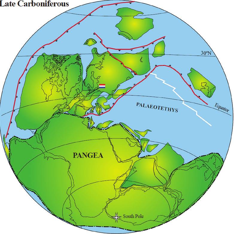 Carboon In het Carboon (359 tot 299 miljoen jaar geleden) botste eerst de archipel Armorica en later ook Gondwana tegen de zuidzijde van Avalonia.