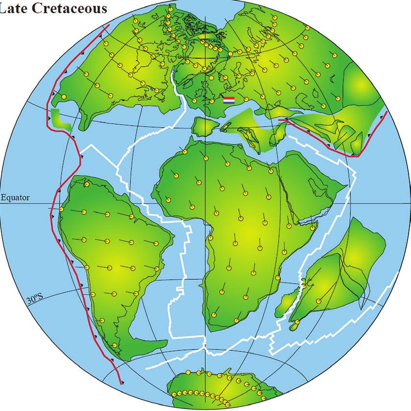 Figuur 13: Situatie van de continenten 80 miljoen jaar geleden. Het Krijt eindigt 66 miljoen jaar geleden met weer een massaal uitsterven van leven op aarde.
