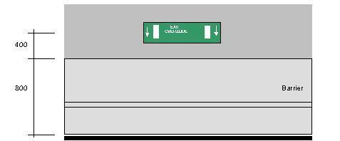 Het pictogram voorzien van: het vluchtend persoon conform ISO 7010; de afstand tot de dichtstbijzijnde deur in de aangegeven richting in veelvouden van 25m; 1 horizontale pijl en 1 rechthoek.