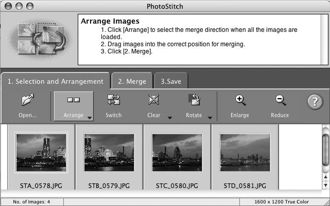 53 De software gebruiken op het Macintosh-platform geavanceerde technieken Panoramabeelden samenvoegen PhotoStitch U kunt een breed panoramabeeld maken door afzonderlijke beelden van een scène samen