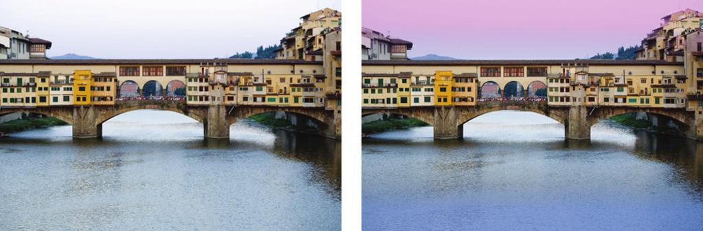 Het effect Verlooptintfilter is toegepast op de originele foto (links) om een zonsondergangseffect te creëren en om het water blauwer te maken.