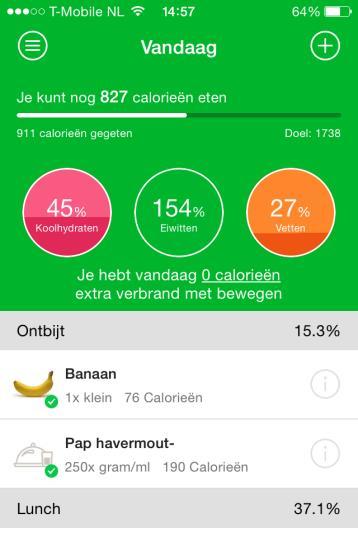 Klik op een regel in het juiste maaltijdmoment. Voer een zoekopdracht in, bijvoorbeeld brood. Voedingsplan bekijken via app Selecteer het juiste type.