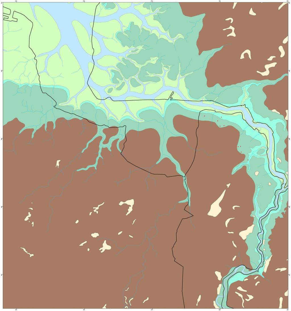 500 voor Chr. Afb. 3 Landschap omstreeks 500 voor Chr. met uitgestrekte veengebieden (bruin) Kaart 100 na Chr. De oeverwal langs de Eems is steviger geworden tot aan de omgeving van Delfzijl.