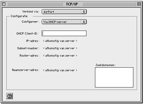 In onderstaande afbeelding ziet u het regelpaneel 'TCP/IP' in Mac OS 9, waarin is ingesteld dat via AirPort een verbinding met een netwerk tot stand wordt gebracht en dat het